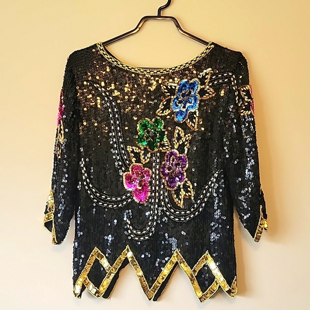 Vintage Floral Sequined Top